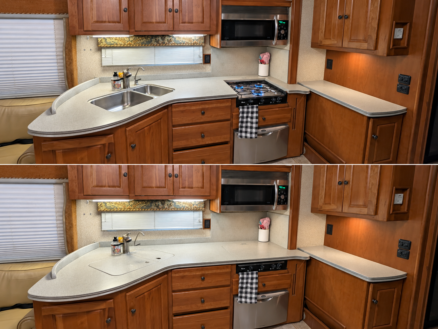 Vectra kitchen shown twice — double-basin sink and lit gas cooktop uncovered, then both covered with flush solid-surface counter covers