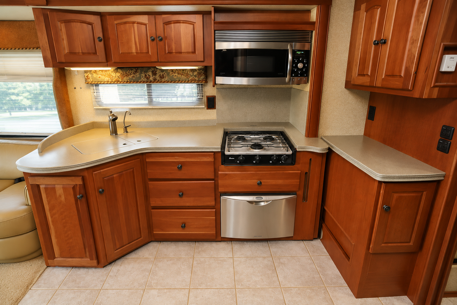 Vectra kitchen with cherry wood cabinets, curved solid-surface counter with covered sink, gas cooktop, stainless microwave and drawer dishwasher over tile floor