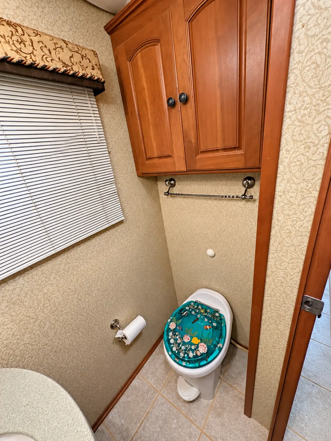 Vectra bathroom toilet with a clear resin seat containing real seashells, beneath a two-door wood cabinet and a twisted metal towel bar