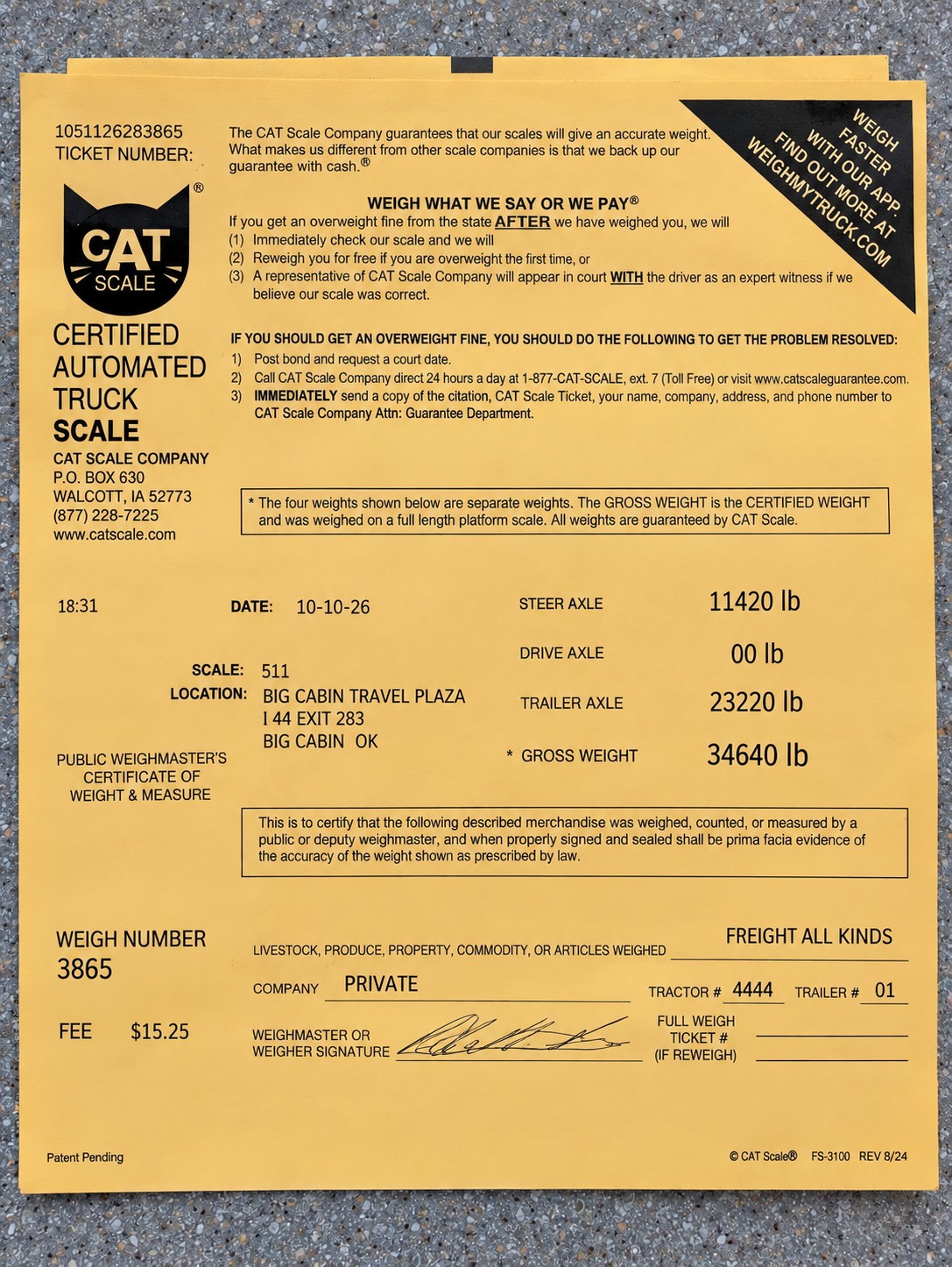 Additional photograph of the CAT Scale certified weigh ticket