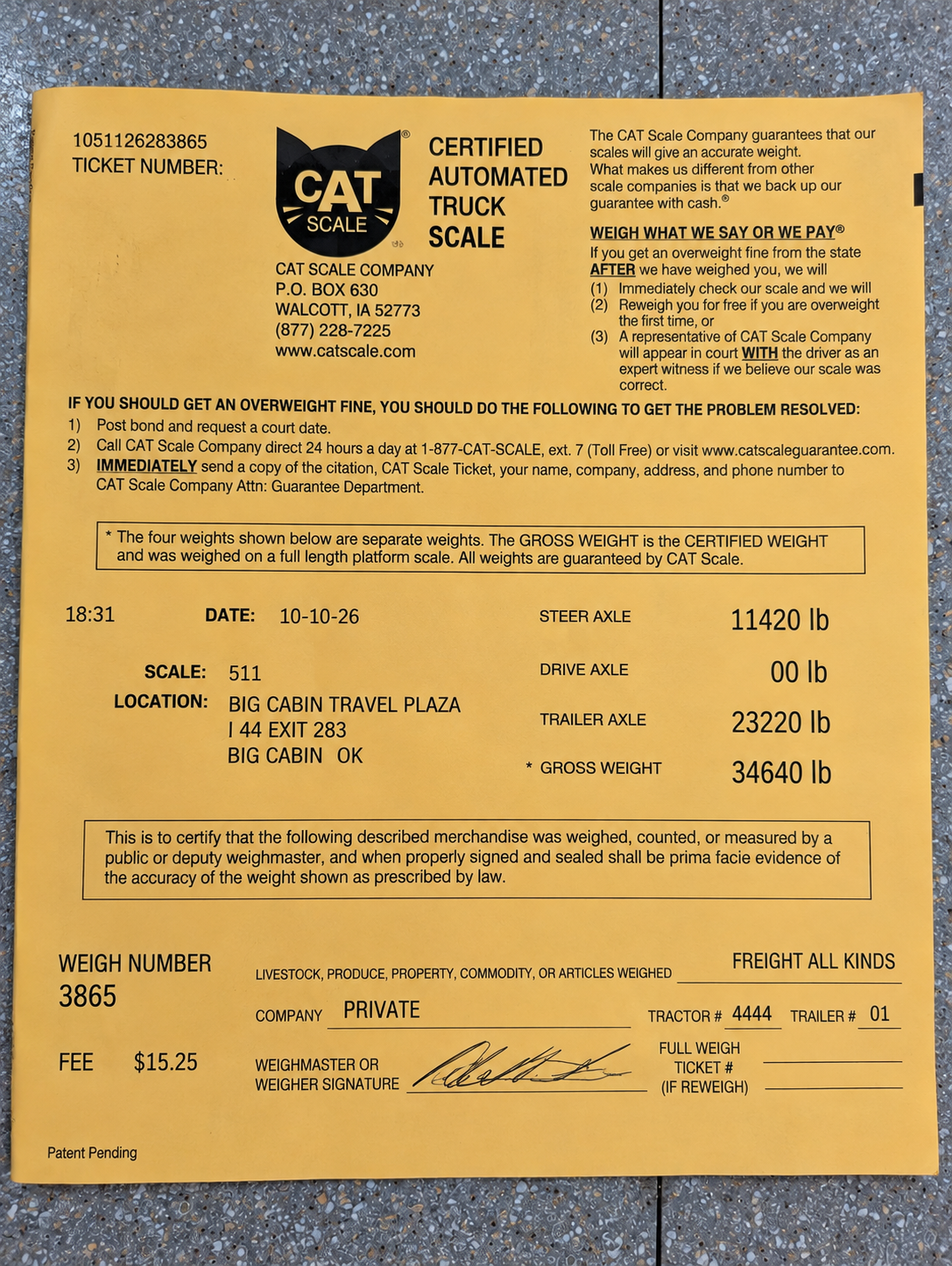 CAT Scale certified weigh ticket showing steer axle 11,420 lb, rear axle 23,220 lb and gross weight 34,640 lb, dated October 10, 2026 at Big Cabin, Oklahoma