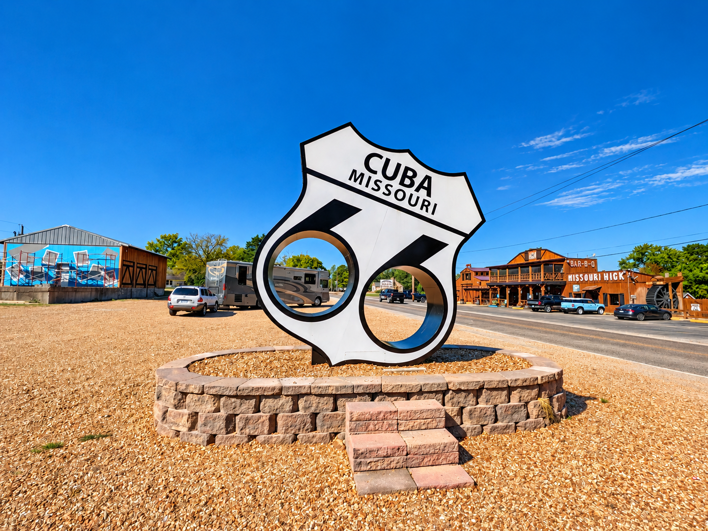 Cuba Missouri Route 66 welcome sign with the Vectra and Santa Fe in the background