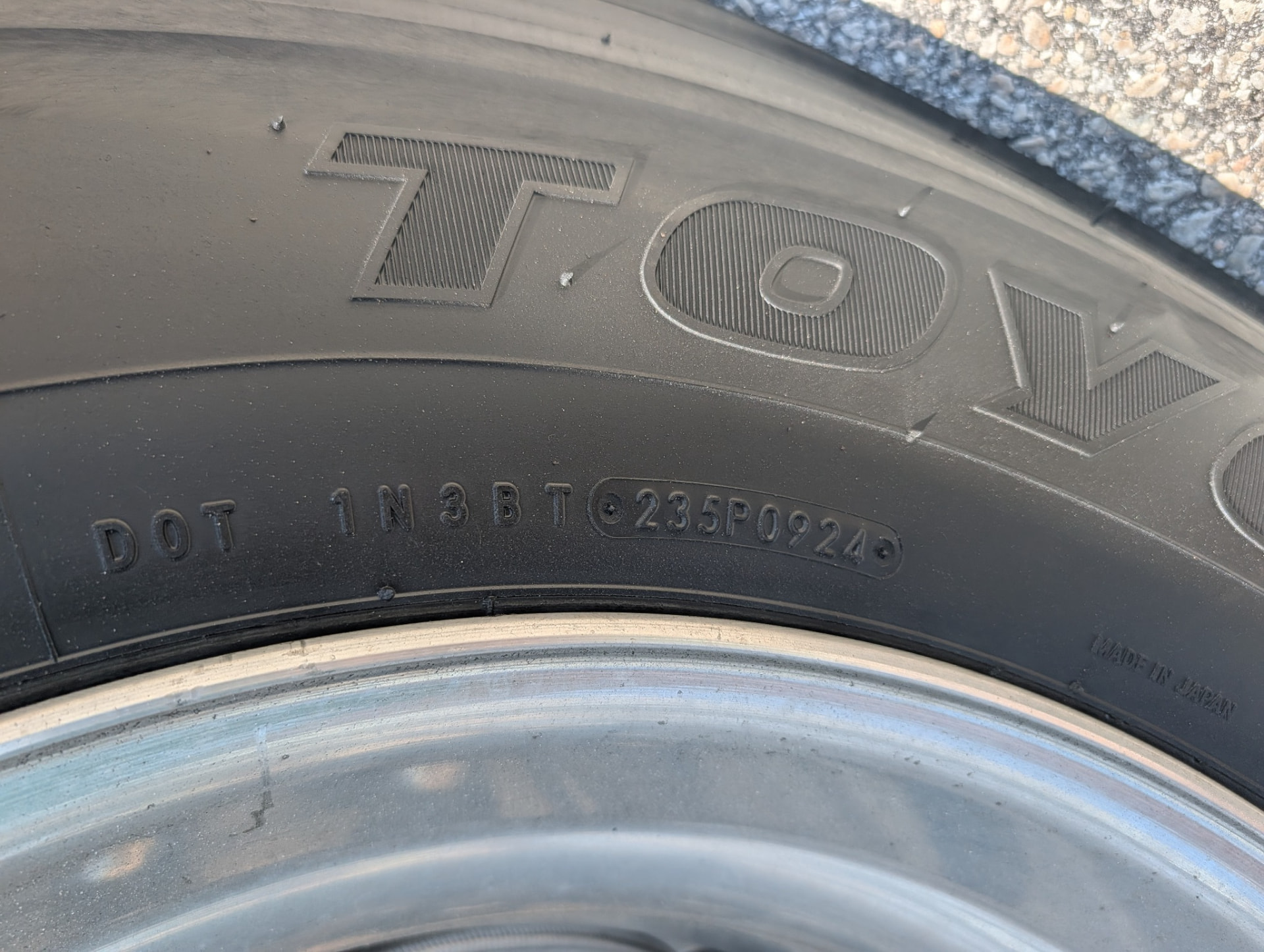 Close-up of a tire sidewall DOT date code 0924 with Toyo branding