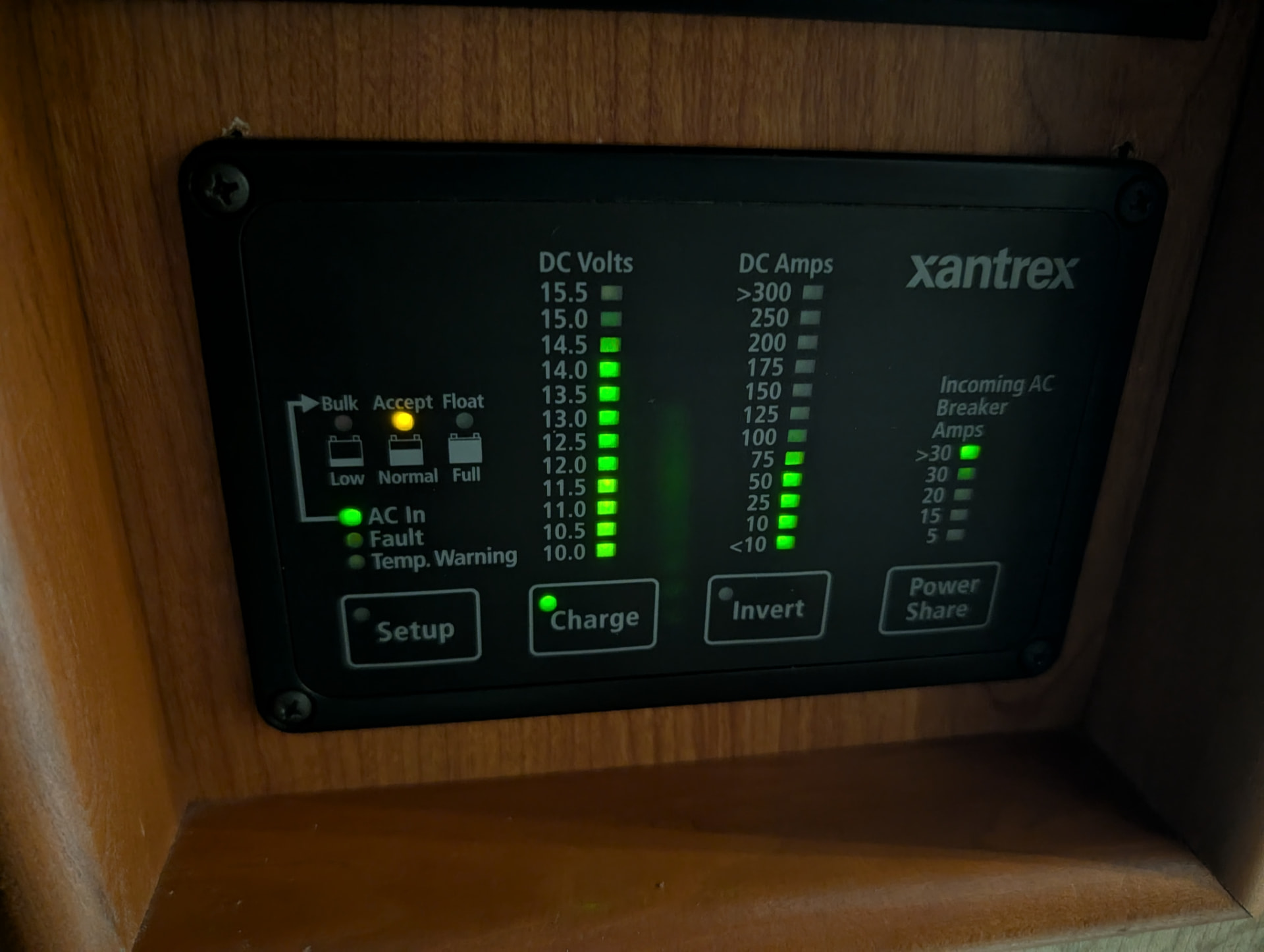 Xantrex inverter/charger remote panel showing DC volts and amps